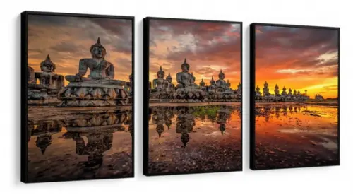 Kit 3 Quadros Buda Paisagem Decoração Meditação Com Moldura