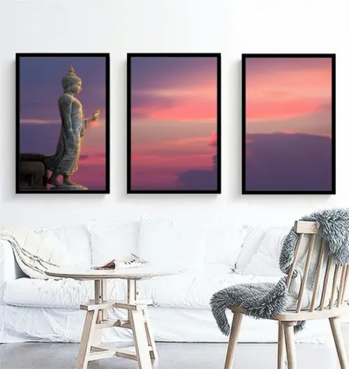 Kit 3 Quadros Buda Meditação Paisagem Sol Decoração Moldura