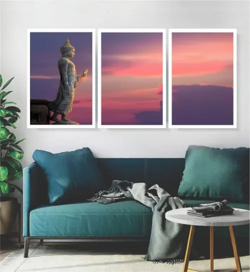 Kit 3 Quadros Buda Meditação Paisagem Sol Decoração Moldura