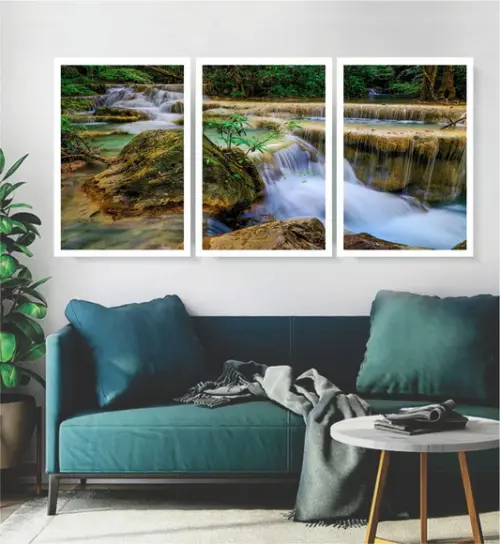 Kit 3 Quadros Cachoeira Natureza Decoração Conjunto Moldura