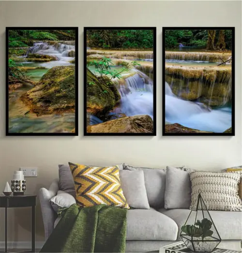 Kit 3 Quadros Cachoeira Natureza Decoração Conjunto Moldura