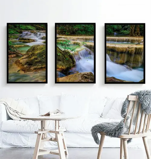 Kit 3 Quadros Cachoeira Natureza Decoração Conjunto Moldura