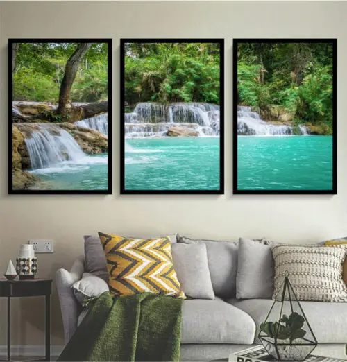 Kit 3 Quadros Cachoeira Natureza Decoração Conjunto Moldura