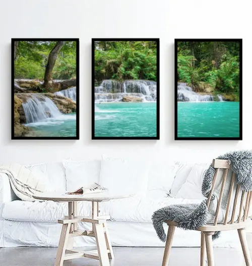 Kit 3 Quadros Cachoeira Natureza Decoração Conjunto Moldura