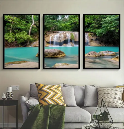 Kit 3 Quadros Cachoeira Natureza Decoração Conjunto Moldura