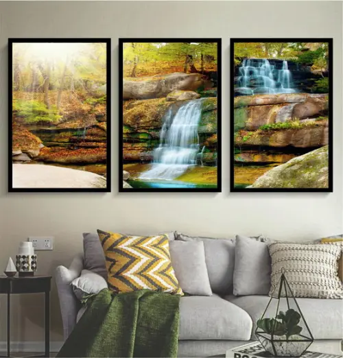 Kit 3 Quadros Cachoeira Natureza Decoração Paisagem Moldura