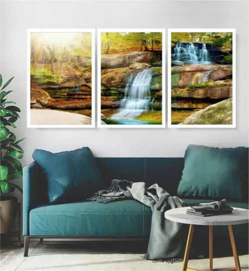 Kit 3 Quadros Cachoeira Natureza Paisagem Decoração Moldura