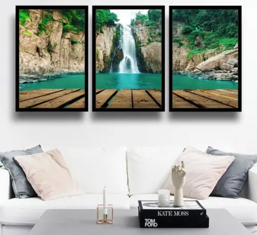 Kit 3 Quadros Cachoeira Paisagem Decoração Natureza Molduras