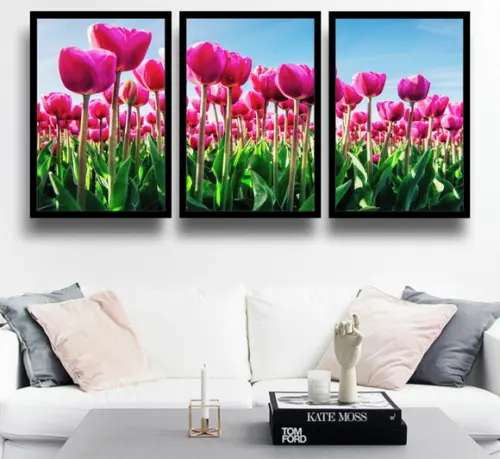 Kit 3 Quadros Campo Tulipa Rosa Decoração Conjunto Moldura