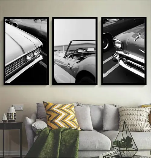 Kit 3 Quadros Carro Vintage Preto E Branco Decoração Moldura