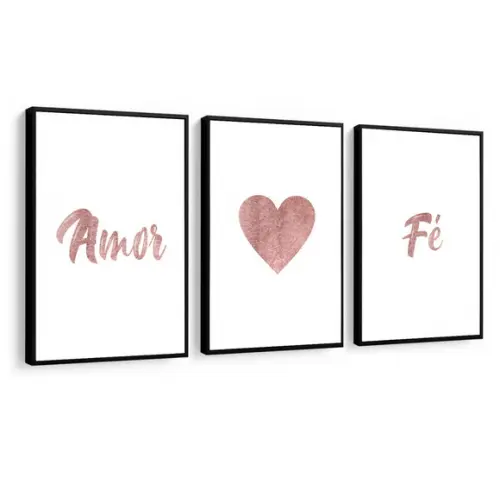 Kit 3 Quadros Casal Amor Fé Coração Decoração Quarto Moldura