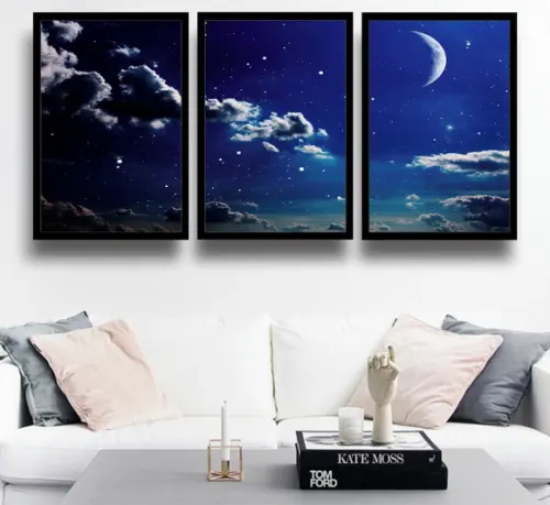 Kit 3 Quadros Céu Estrela Lua Decoração Paisagem Com Moldura