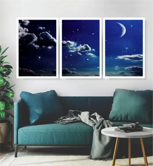 Kit 3 Quadros Céu Lua Estrela Decoração Paisagem Com Moldura