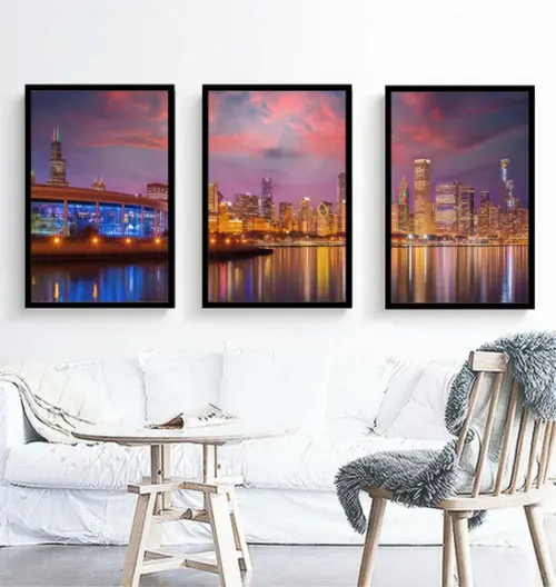 Kit 3 Quadros Cidade Chicago A Noite Decoração Com Moldura
