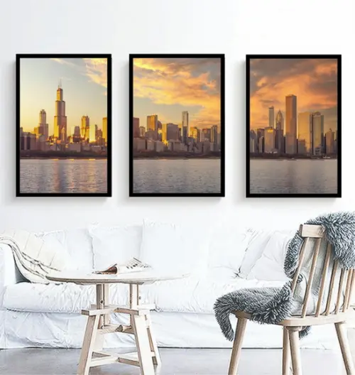 Kit 3 Quadros Cidade Chicago Paisagem Decoração Casa Moldura