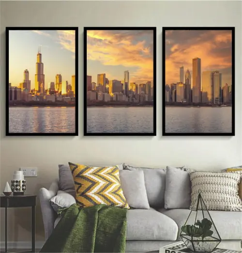 Kit 3 Quadros Cidade Chicago Paisagem Decoração Casa Moldura