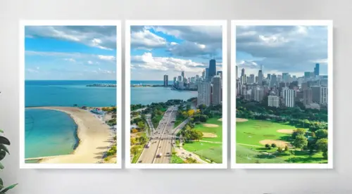 Kit 3 Quadros Cidade Chicago Paisagem Decoração Com Moldura