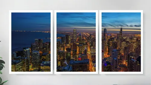 Kit 3 Quadros Cidade Chicago Paisagem Decoração Com Moldura