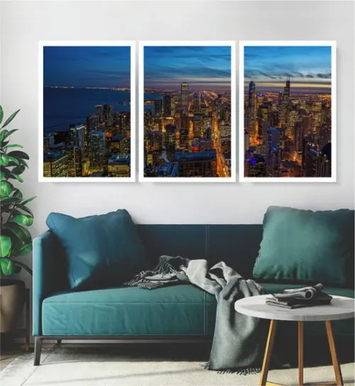 Kit 3 Quadros Cidade Chicago Paisagem Decoração Com Moldura