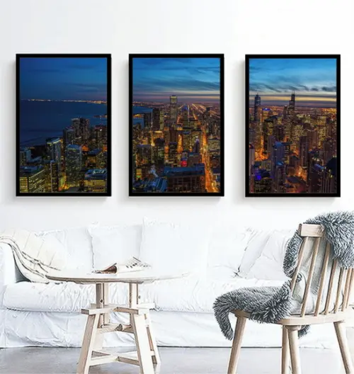 Kit 3 Quadros Cidade Chicago Paisagem Decoração Com Moldura