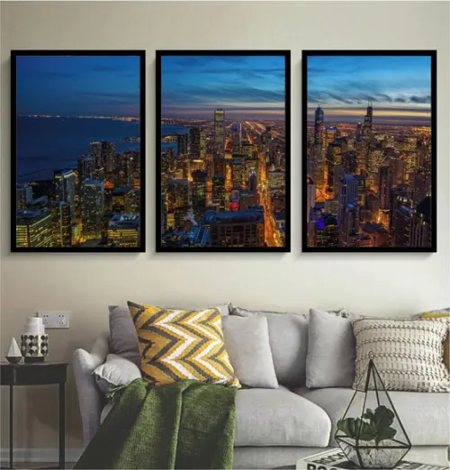 Kit 3 Quadros Cidade Chicago Paisagem Decoração Com Moldura