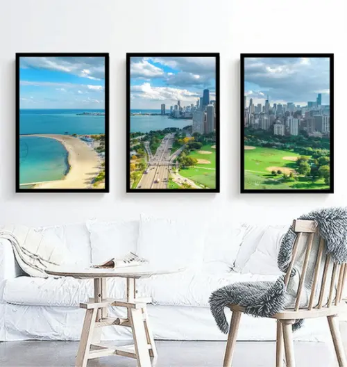 Kit 3 Quadros Cidade Chicago Paisagens Decoração Com Moldura