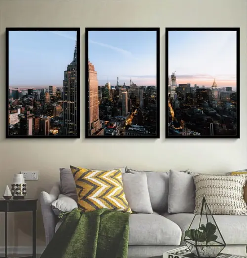 Kit 3 Quadros Cidade Nova York Arranha Céu Decoração Moldura