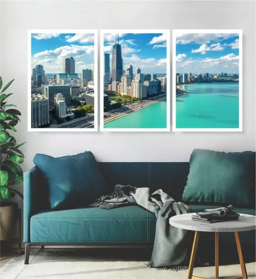 Kit 3 Quadros Cidades Chicago Praia Azul Decoração Moldura
