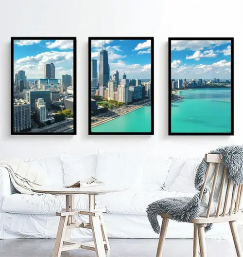 Kit 3 Quadros Cidades Chicago Praia Azul Decoração Moldura