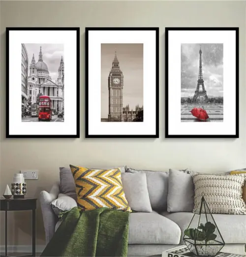 Kit 3 Quadros Cidades Londres e Paris Decoração Com Molduras