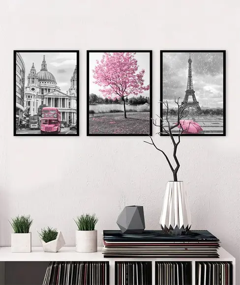 Kit 3 Quadros Cidades Londres e Paris Rosa Decoração Moldura