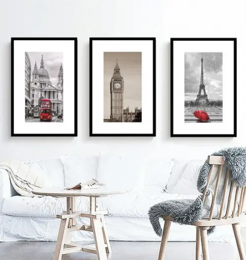 Kit 3 Quadros Cidades Londres e Paris Decoração Com Molduras