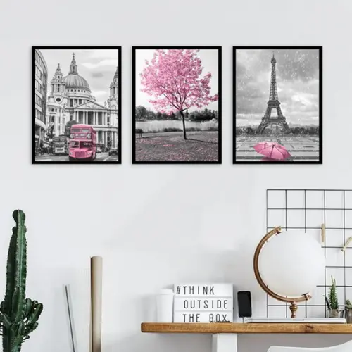 Kit 3 Quadros Cidades Londres e Paris Rosa Decoração Moldura
