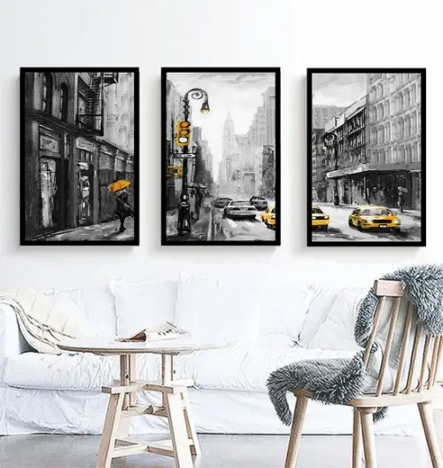 Kit 3 Quadros Cidades Nova York Decoração Conjunto Molduras