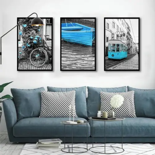 Kit 3 Quadros Cidades Preto e Branco Decoração Azul Molduras