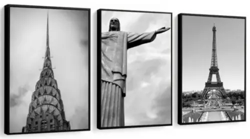 Kit 3 Quadros Cidades Preto e Branco Decoração Com Molduras