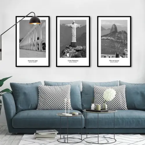 Kit 3 Quadros Cidades Preto e Branco Decoração com Molduras
