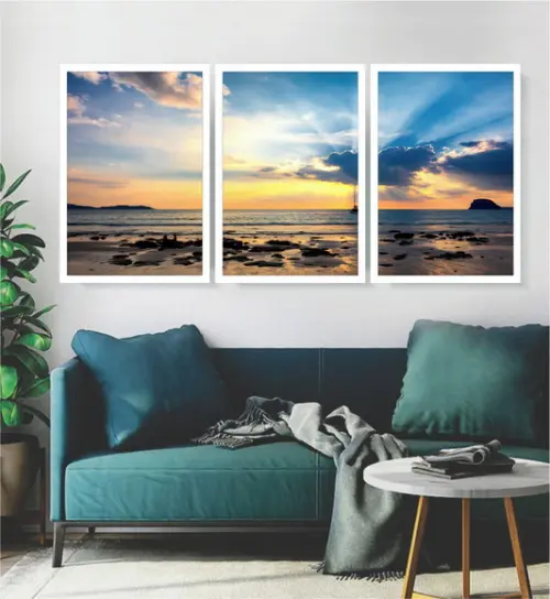 Kit 3 Quadros Conjunto Paisagem Praias Decoração Com Moldura