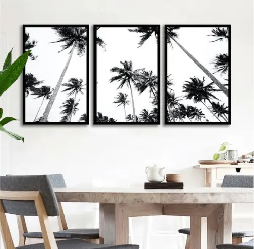 Kit 3 Quadros Coqueiros Preto e Branco Decoração Com Moldura