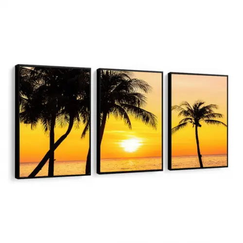 Kit 3 Quadros Coqueiro Pôr Do Sol Paisagem Decoração Moldura