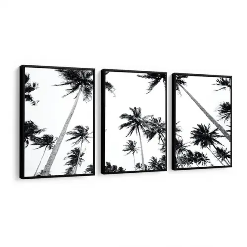 Kit 3 Quadros Coqueiros Preto e Branco Decoração Com Moldura