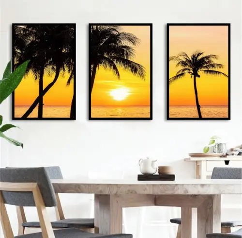 Kit 3 Quadros Coqueiro Pôr Do Sol Paisagem Decoração Moldura
