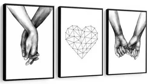 Kit 3 Quadros Coração Amor Decoração Quarto De Casal Moldura