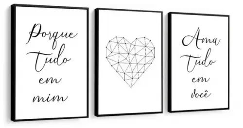 Kit 3 Quadros Coração Casal Frases Amor Decoração Moldura