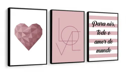 Kit 3 Quadros Coração Frases Amor Casal Decoração Moldura