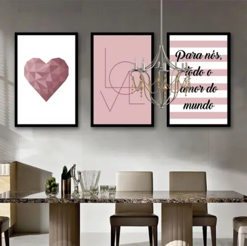 Kit 3 Quadros Coração Frases Amor Casal Decoração Moldura