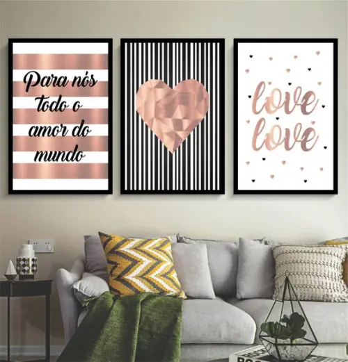 Kit 3 Quadros Coração Frases Casal Decoração Love Molduras