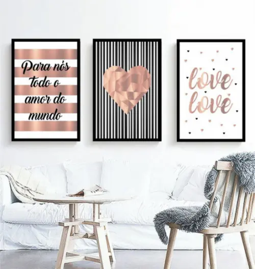 Kit 3 Quadros Coração Frases Casal Decoração Love Molduras