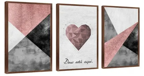 Kit 3 Quadros Coração Frases Deus Decoração Conjunto Moldura