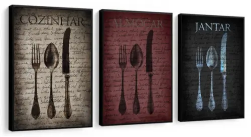Kit 3 Quadros Cozinha Restaurante Decoração Vintage Moldura